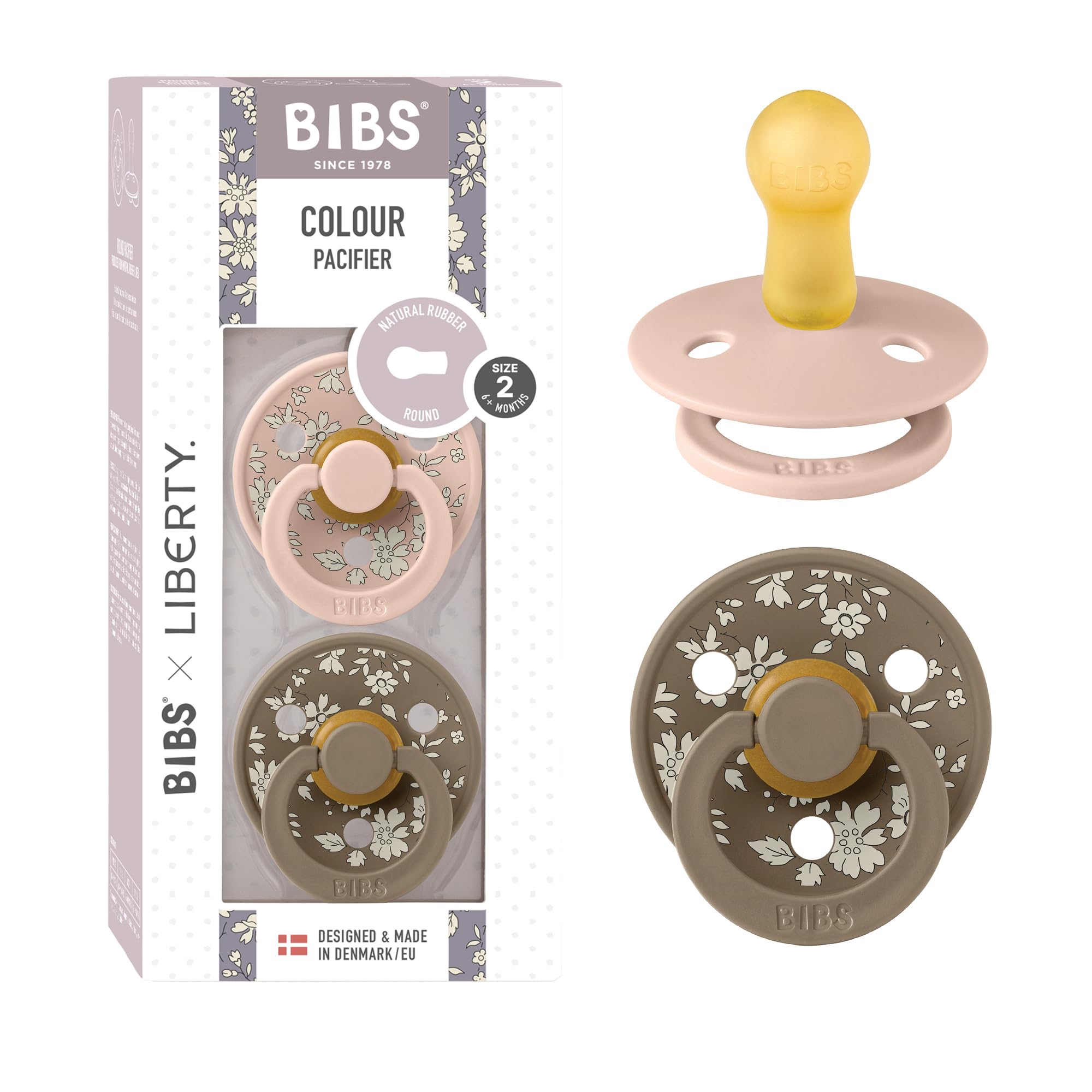 BiBS Liberty Pacifier 2-Pack, BPA Free Pacfiers with Natural Latex Round Nipple, Made in Scandinavia, Size 2 (6-18 Months), Capel Blush