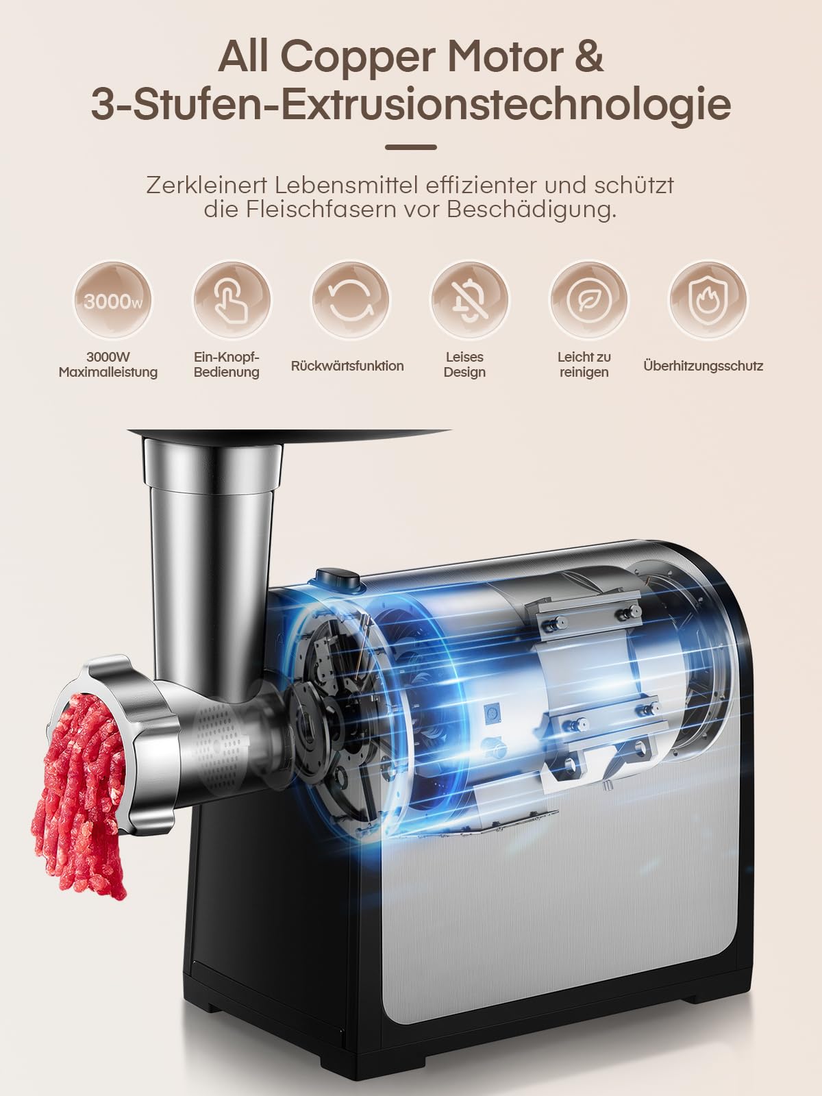 Fleischwolf Elektrisch, 3 in 1 Elektrischer Fleischwolf mit Wurstfüller, 3 Edelstahl-Schleifplatten,1 Kubbe & 3 Wurstfüllrohren