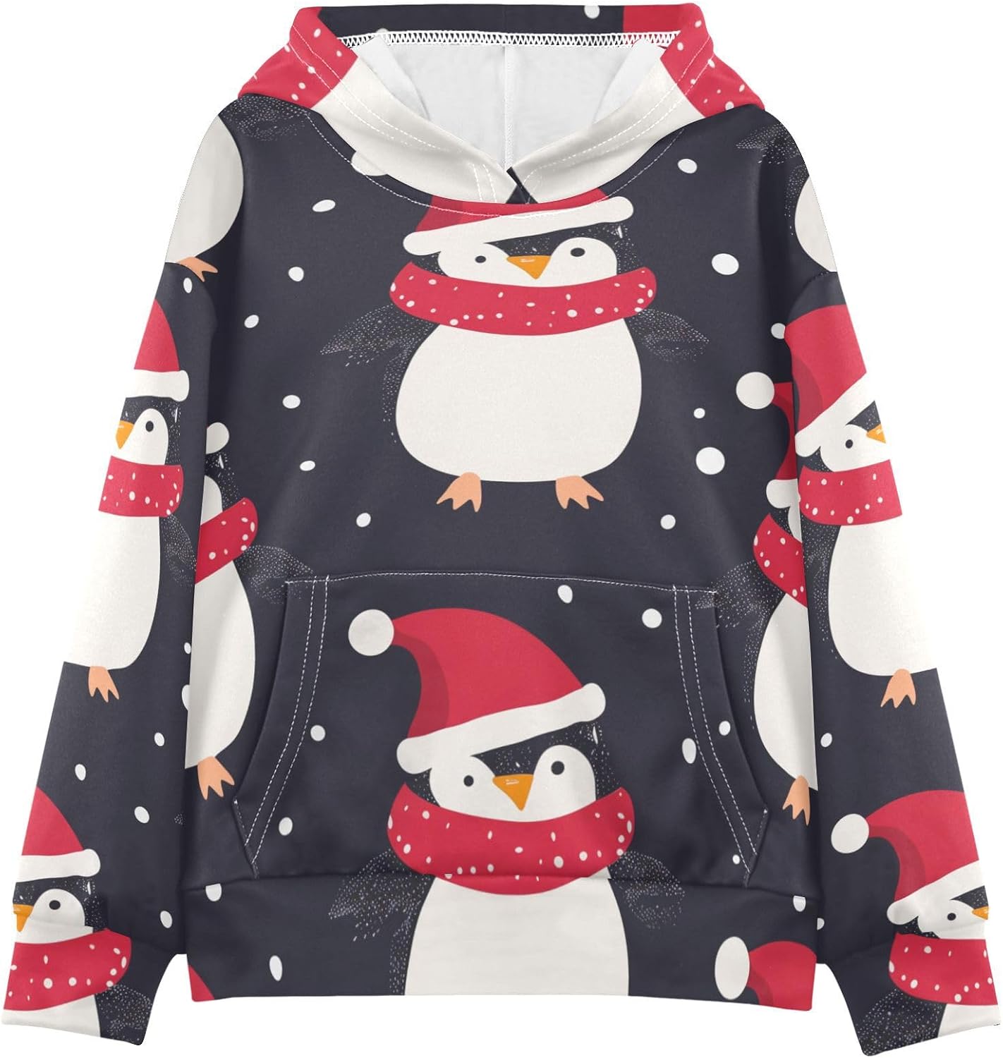 ZZXXB Merry Christmas Penguin Snow Kids Sweatshirts Boys Girls Hooded Kangaroo Pocket Pullover Tops XS-XXL