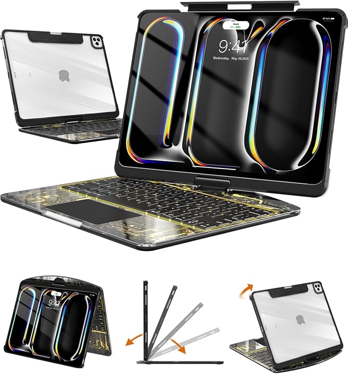 Wireless Keyboard Case for iPad Pro 13" (M5/M4, 2025/2024), Transparent Protective Cover with 7-Color Backlit Keyboard, 360° Rotating Stand, Multi-Touch Trackpad and Pencil Holder, Black