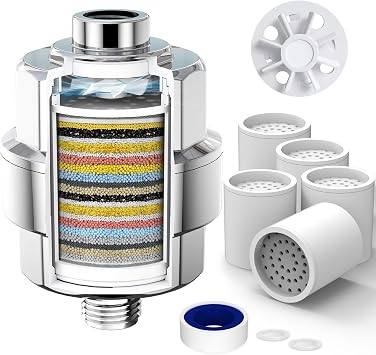 20 Stage Shower Head Filter - Hard Water Shower Head Filter with 5 Replaceable Filter Cartridges, High Output Shower Water Filter for Chlorine and Fluoride Removal, Polished Chrome