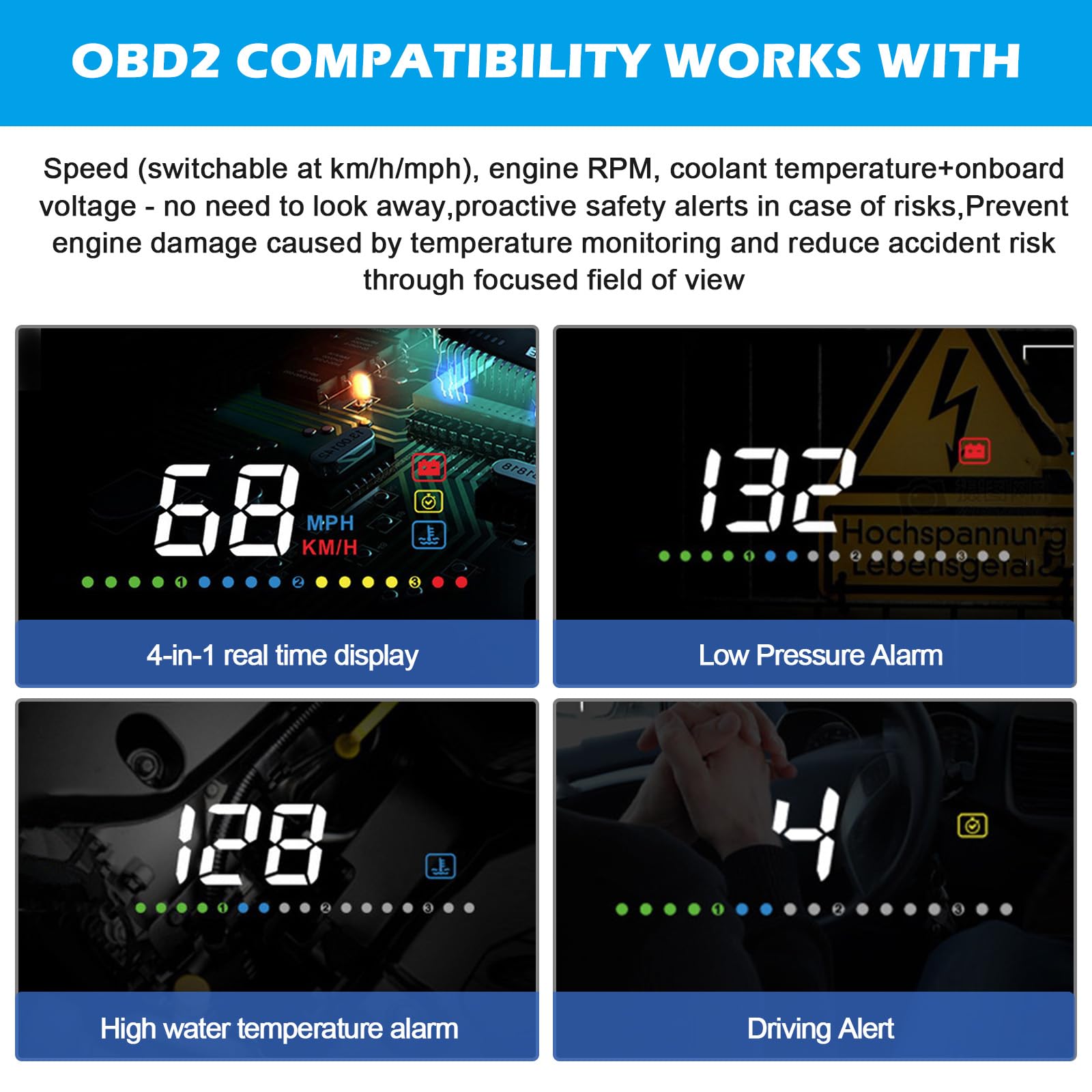 Écran tête haute de 3,5" pour voiture, matériau ABS + PC de qualité supérieure, écran HUD de voiture, affichage LED, compatibilité OBD2, speedomètre, compteur de vitesse, pour une utilisation