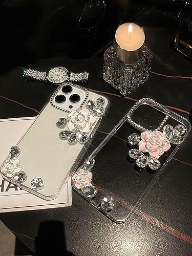 Miniatura 5 de iFiLOVE Funda para iPhone 15 Pro Camellia, para niñas y mujeres, 3D, de lujo, brillante, con diamantes de imitación, Camellia, funda protectora para