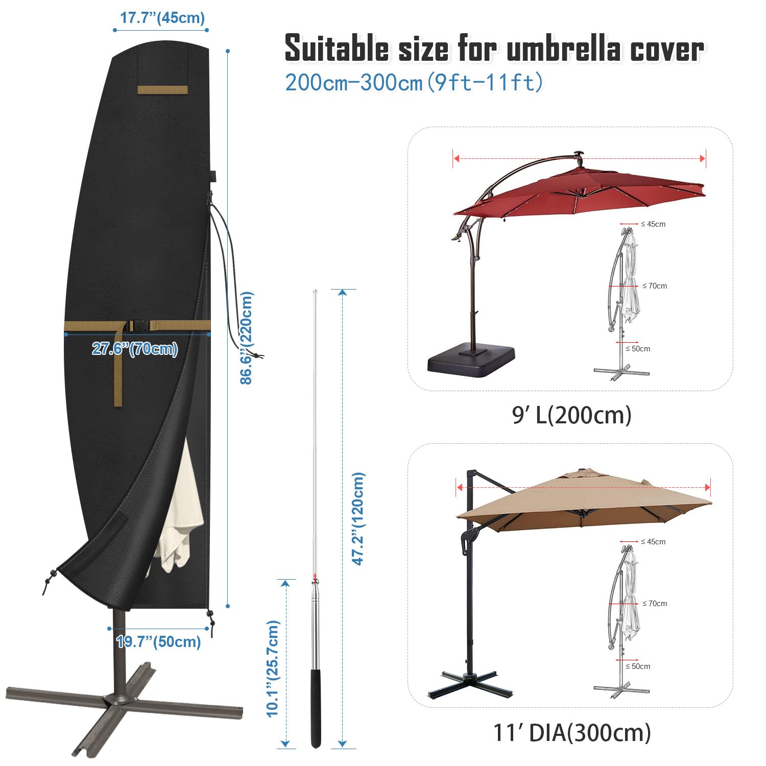VANSHEIM Pokrowiec ochronny na parasol przeciwsłoneczny, 3 m, odporny na warunki atmosferyczne, z prętem, do 300 cm, wodoszczelny, 220 x 45 / 70 / 50 cm