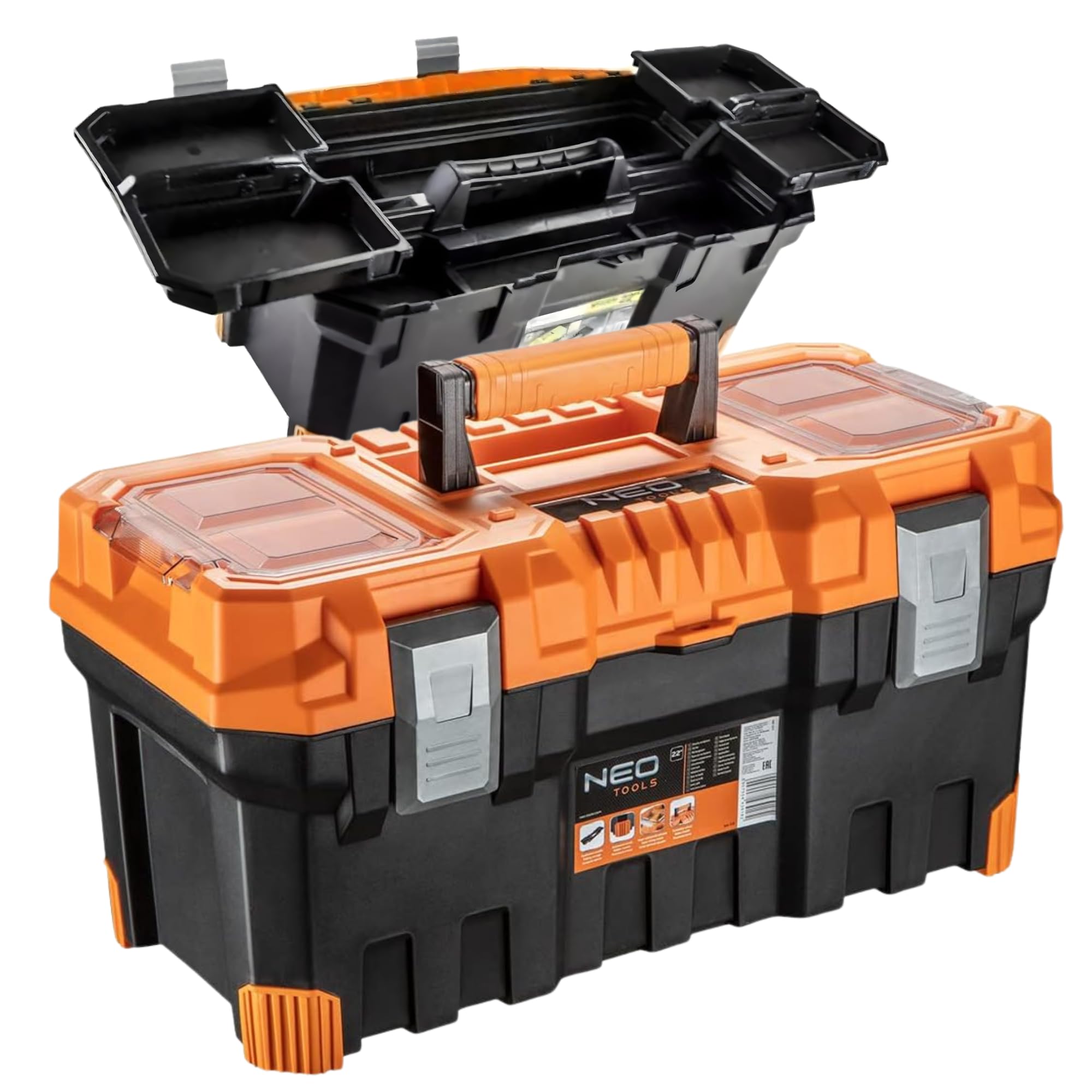 NEO TOOLS Boîte à Outils 22 pouces Caisse de Rangement Outils 55,4 x 28,6 x 27,6 cm avec Organiseurs Couvercle Plateau Amovible Poignée Caoutchoutée