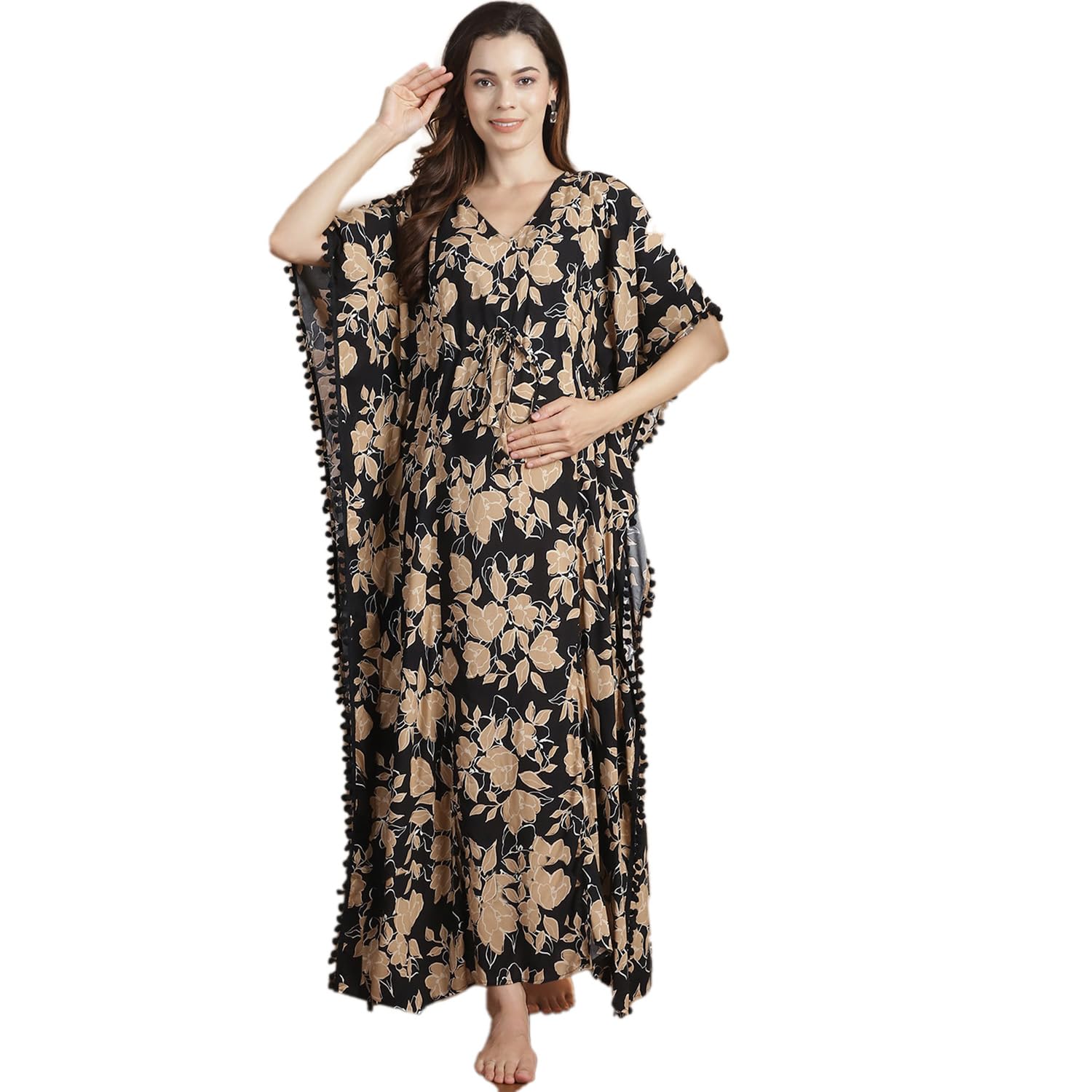 Rayon Maternity Kaftan Nighty/Free Size/Feeding/Nursing/Zipper/Drawstring/Printed/Full Length