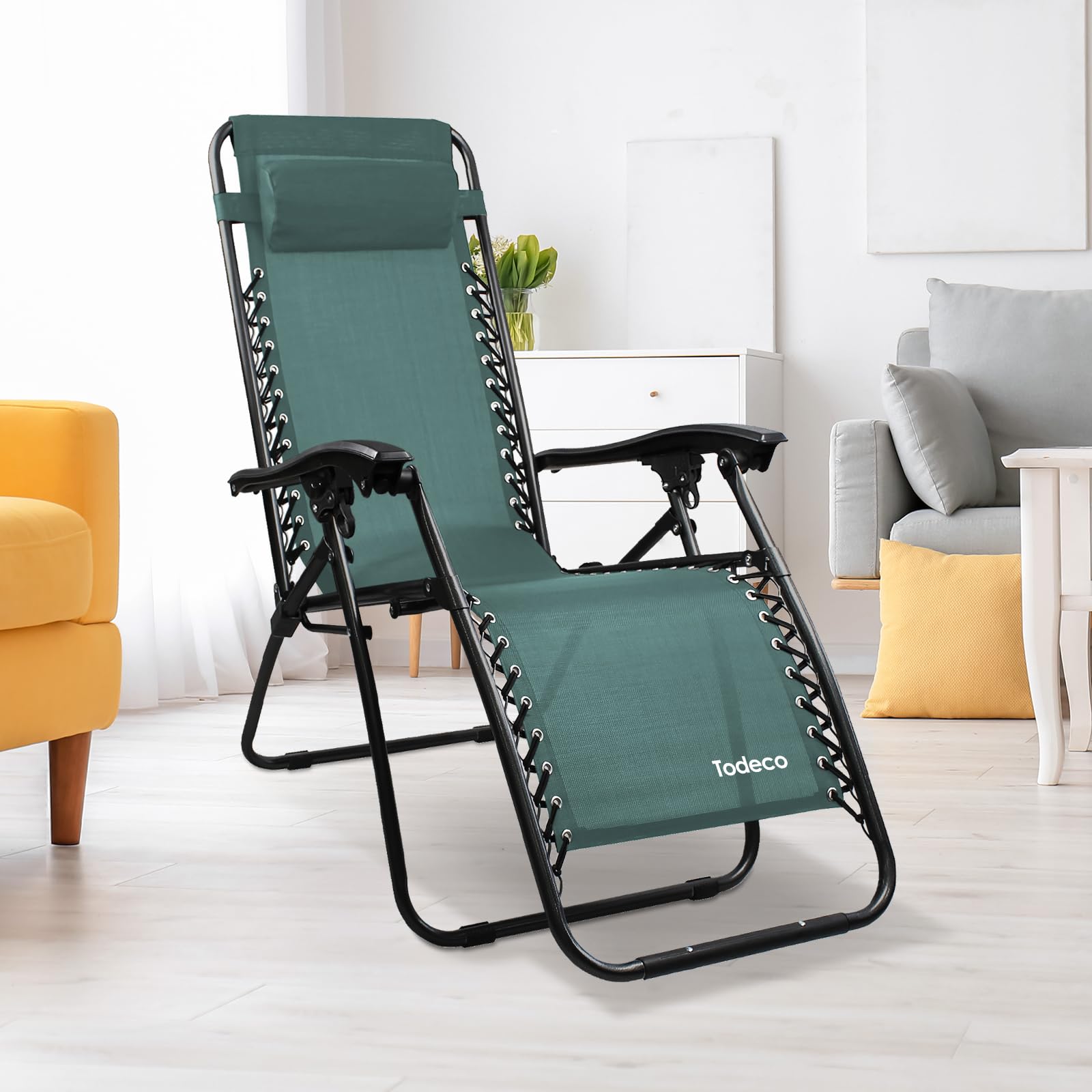 Sotech Todeco Sdraio Per Giardino, Sedia Pieghevole A Gravità Zero, Verde | Textilene resistente, cuscino incluso, carico massimo 100 kg, struttura in acciaio, sdraio da giardino