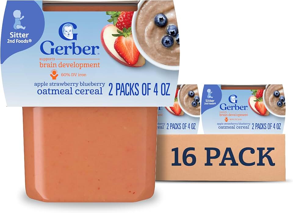 Gerber 2nd Foods Apple Strawberry Blueberry with Mixed Cereal Baby Food, 4 oz Tubs, 2 Count (Pack of 8)