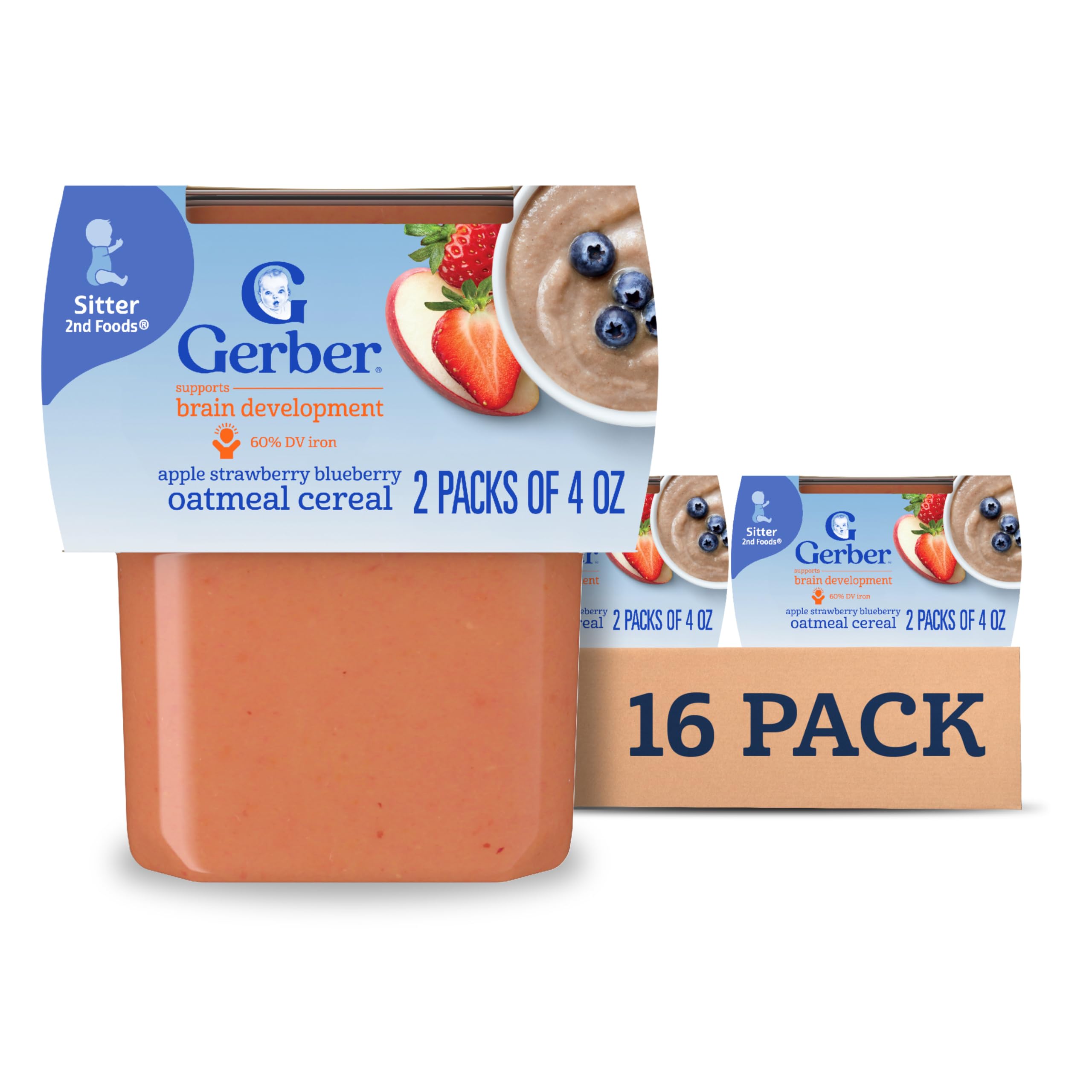 Gerber 2nd Foods Apple Strawberry Blueberry with Mixed Cereal Baby Food, 4 oz Tubs, 2 Count (Pack of 8)