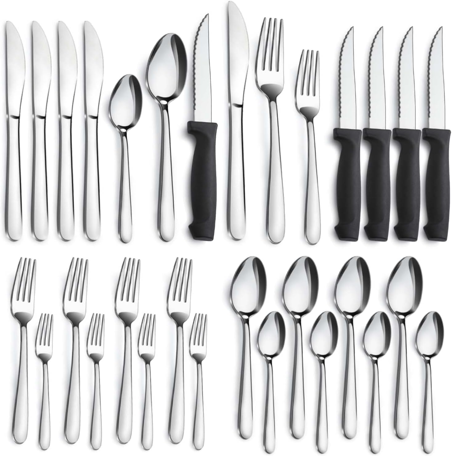 Pleafind 24-Piece Silverware Set - Stainless Steel Cutlery Set with Steak Knives, Forks, Spoons and Knives, Flatware Set for Home or Restaurant Use, Mirror Polished & Dishwasher Safe