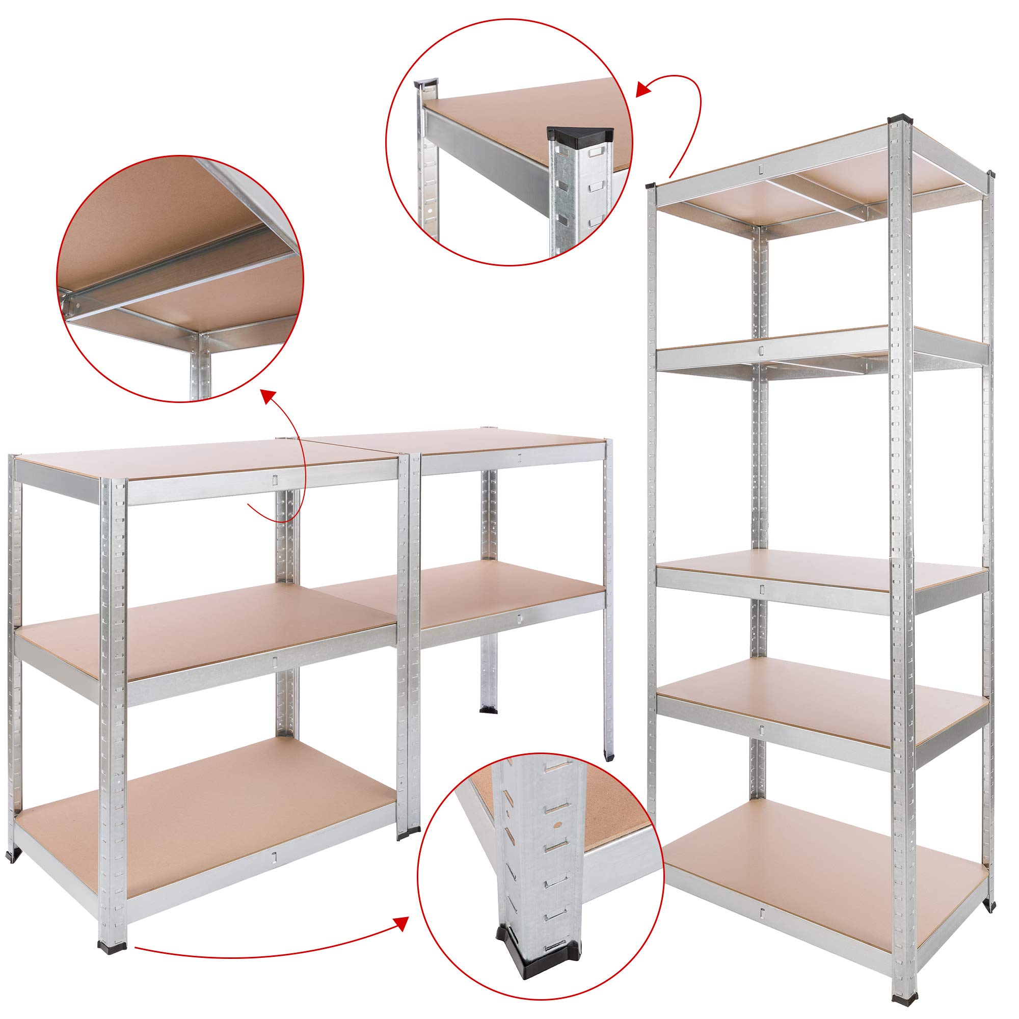 Arebos 2x Regał do dużych obciążeń | Regał piwniczny | Regał magazynowy | Regał bezśrubowy | 180x75x45cm | 5 paneli MDF | Zestaw 2 | 875kg