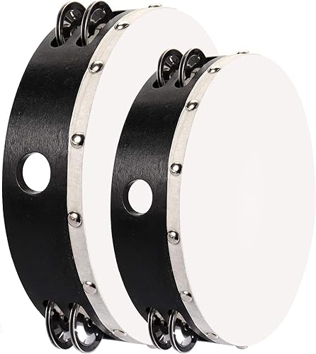 Miniatura 3 de Foraineam Pandereta de mano de madera de 2 piezas (8 y 10 pulgadas), cascabeles de metal de doble fila, tambor de percusión musical