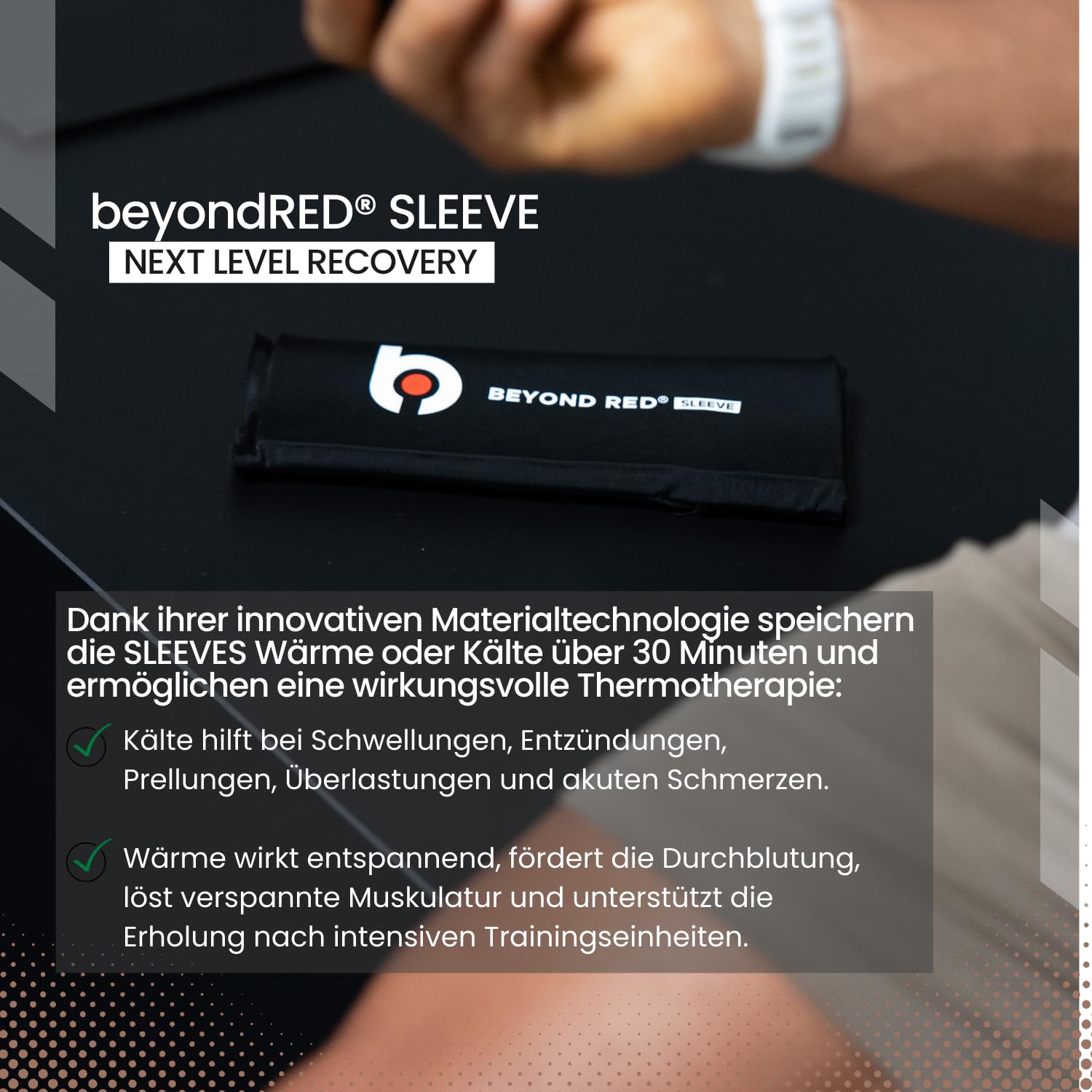 beyondRED® SLEEVE | Wärme- und Kältetherapie für Knöchel, Wade, Knie, Ellenbogen, Oberarm und Oberschenkel bei Muskelkater, Verspannungen, Schwellungen | 30+ Minuten Kälte/Wärme (L = 27,5 x 15 cm)