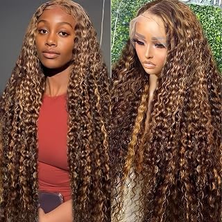 Highlight Ombre Lace Front Wig Human Hair Pre Plucked 13x6 HD Honey Blonde 4/27 Deep Wave Lace Frontal Wigs 200% Density Glueless Colored Wigs for Women Wet and Wavy Lace Front 28 Inch