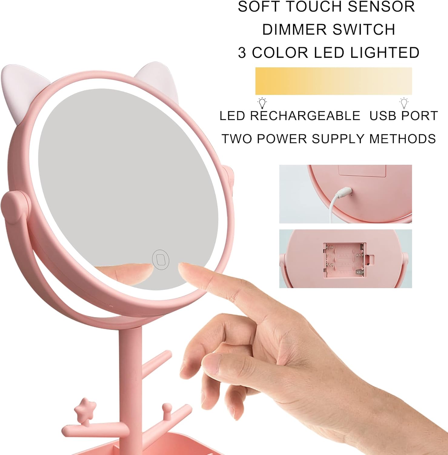 Nonebranded Vanity Mirror with Lights & Desk Mirror Lights Touch-Screen Light Control Portable High Definition Cosmetic Lighted Up Mirror with USB Port in 360 Degree Rotation(Pink)