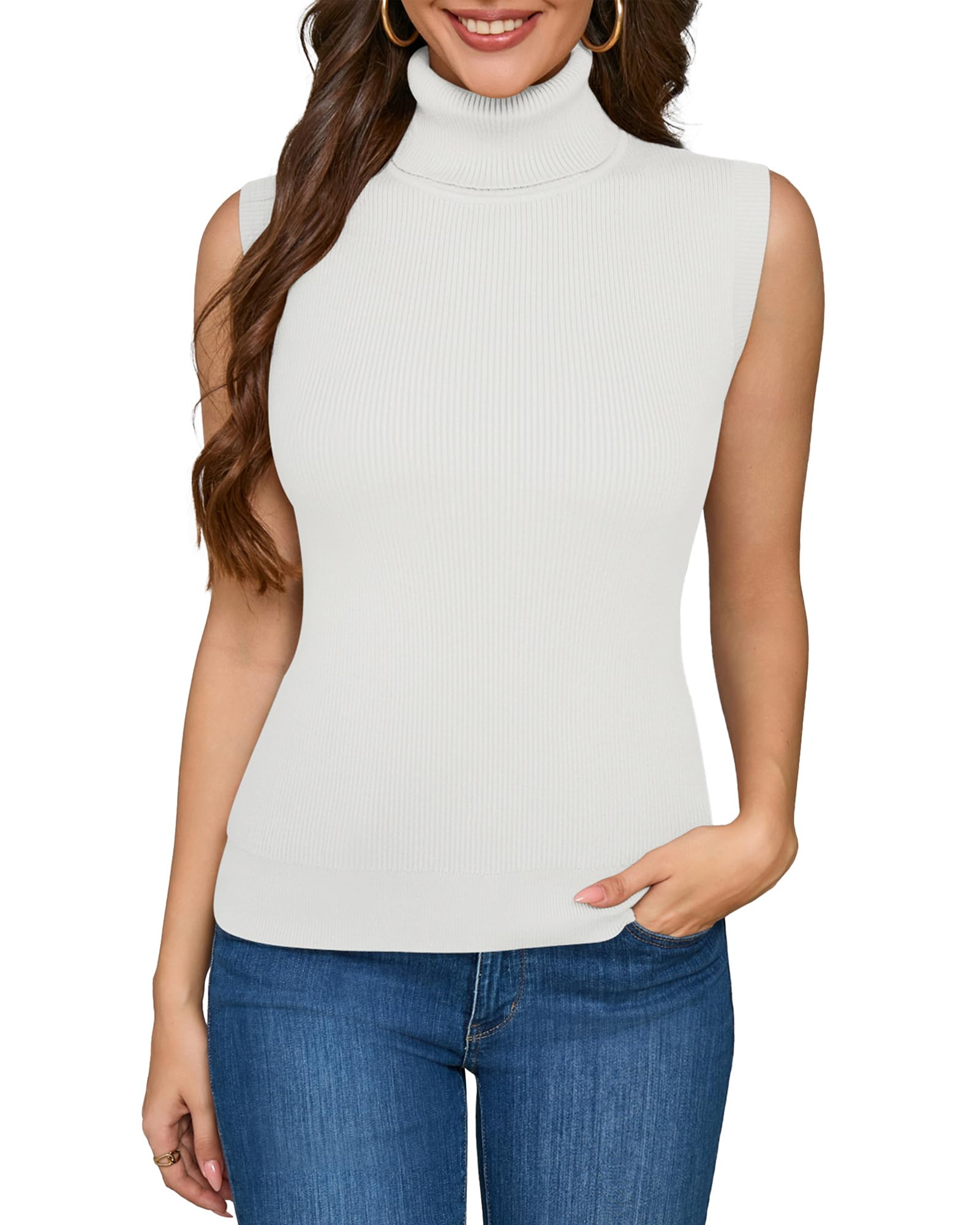 ALFYRCFT Sleeveless Turtlenecks for Women Mock Turtle Neck Ribbed Knit Pullover Sweater Vest Tank Tops Casual Stretchy 2025, White, XL