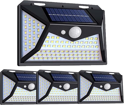 Paquete de 4 luces solares para exteriores inalámbricas con sensor de movimiento IP65 impermeable 270 gran angular 3 modos 118LED para puerta