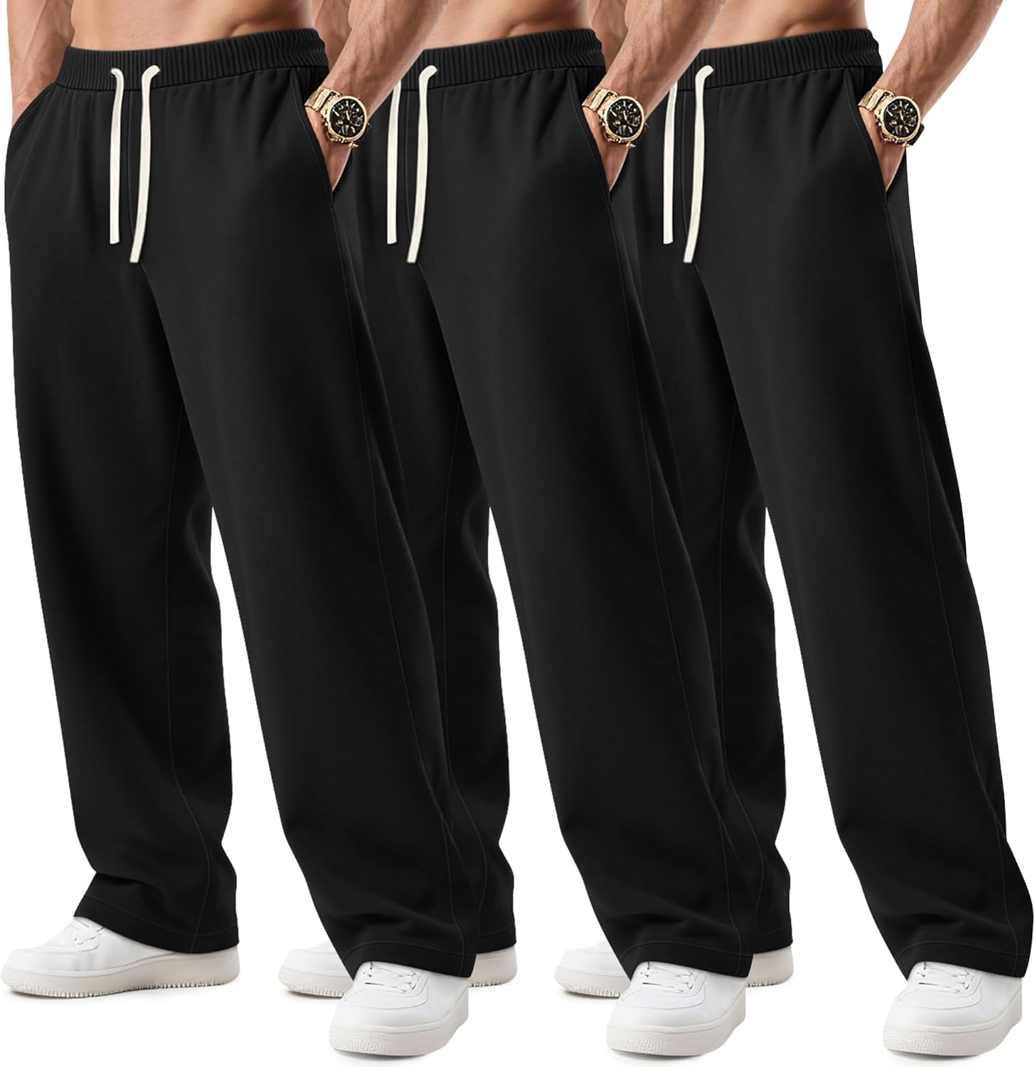 August Alley 3 Pack Big and Tall Men's Sweatpants Open Bottom Athletic Pants Drawstring Elastic Waist with Pockets