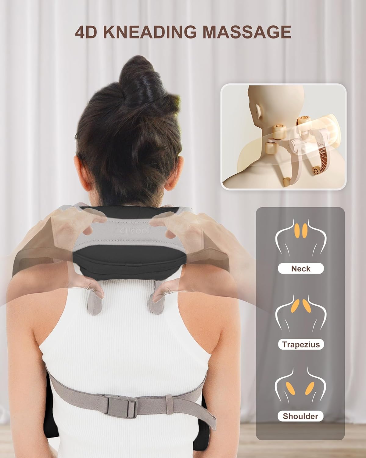 Heycool 4D Shiatsu Neck Massager with Heat, Cordless Back and Neck Massager, 3 Speeds & 3 Heating Level, Lightweight Portable Shoulder Massager for Tech Neck & Commuters, Gifts for Men Women
