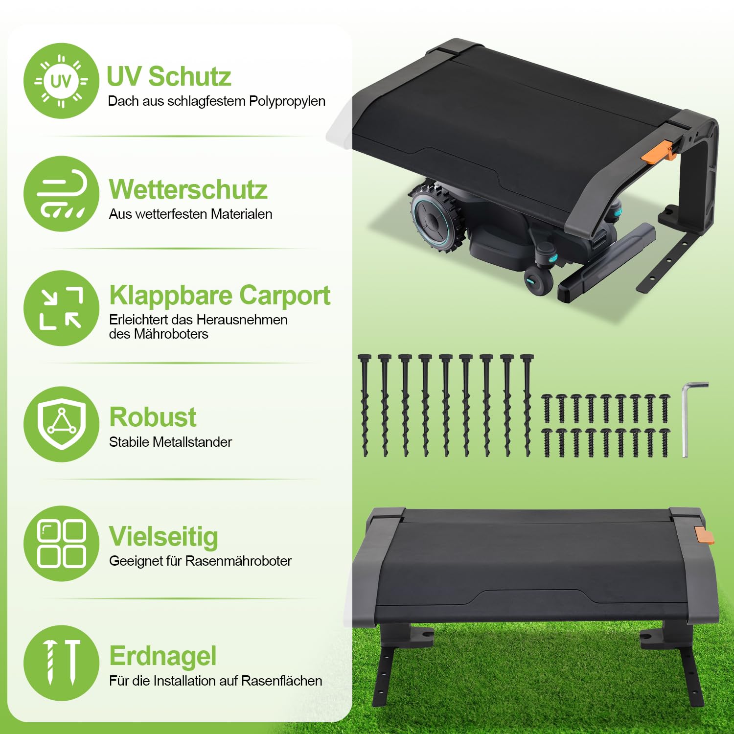 Eulenke Garage pieghevole per robot tosaerba | 72 x 56 x 36 cm | resistente alle intemperie + protezione UV | nero