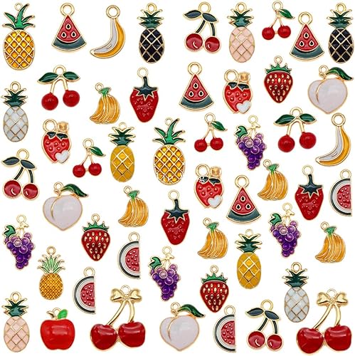 Julie Wang 60 dijes esmaltados para collares, pulseras, aretes, fabricación de joyas, frutas mixtas, piña, cereza, manzana, plátano, sandía, uva,