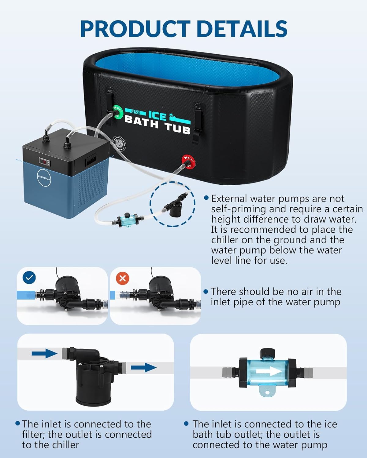 BAOSHISHAN Ice Bath Accessories Kit, Cold Plunge Kit with 317GPH External Pump, Filter, 1/2” to 0.71" Connector, Hose, Compatible 500L 300L Aquarium Chiller & Inflatable Cold Plunge Tub