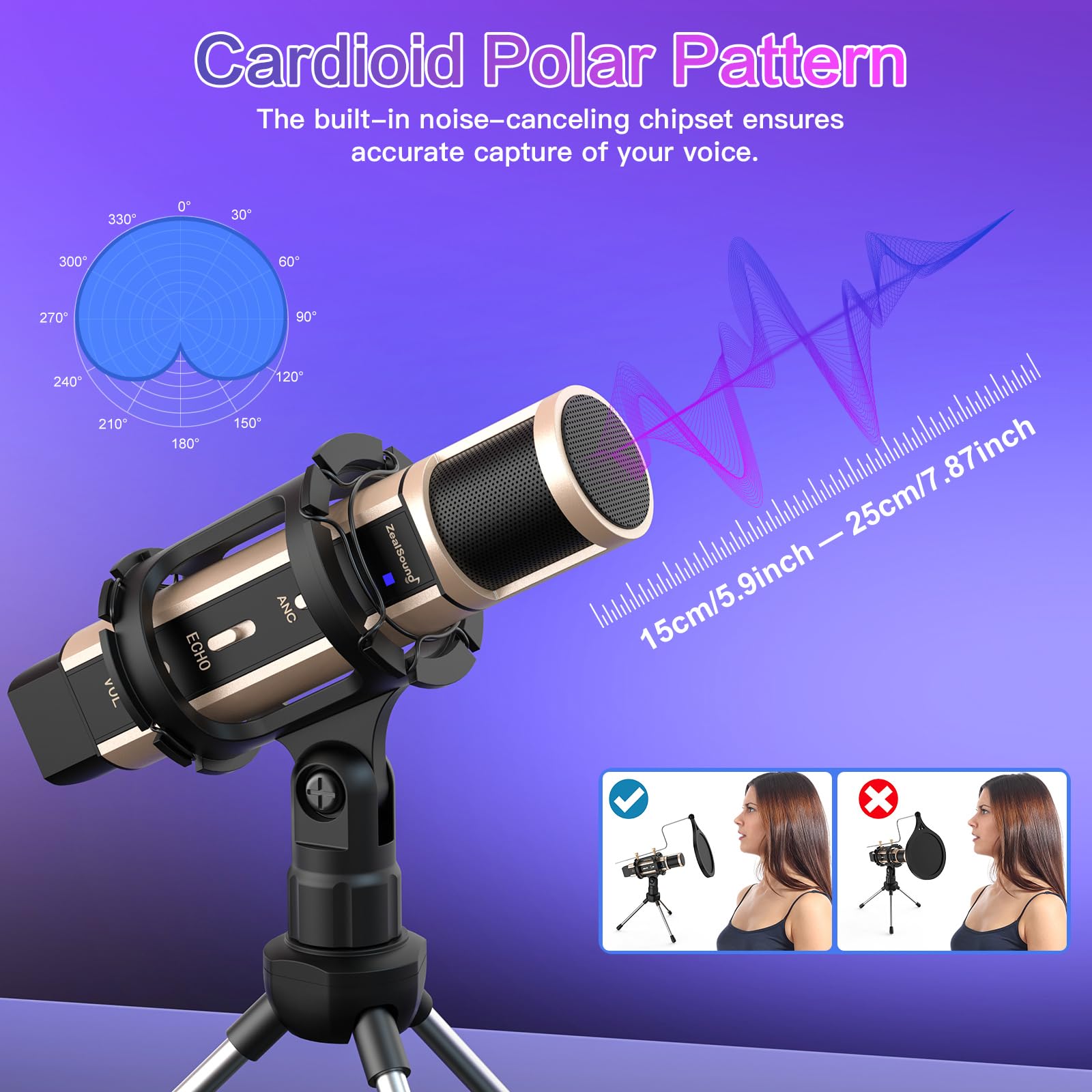 zealsound Mikrofon studyjny do nagrywania, mini pulpitowy mikrofon pojemnościowy do iPhone Phone PC z wbudowaną kartą dźwiękową i echo, do nagrywania śpiewu TikTok Garageband Smule i YouTube Live, k08
