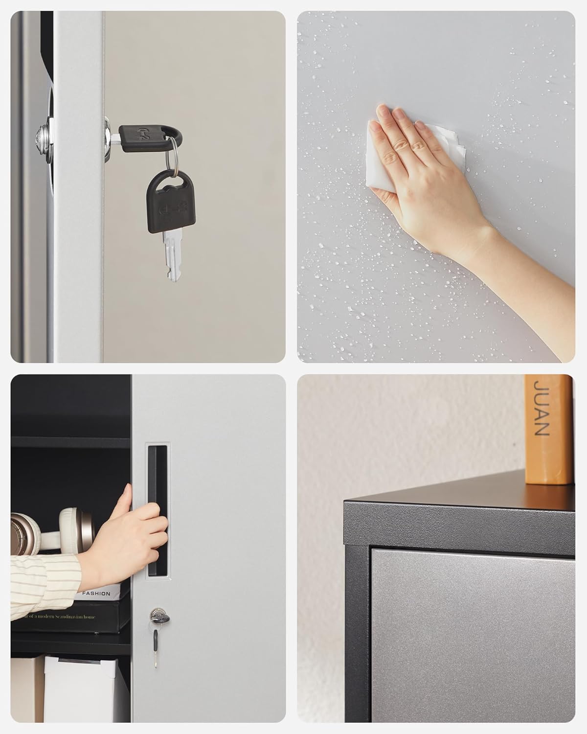 Details of lock, cleaning, handle, and cabinet corner