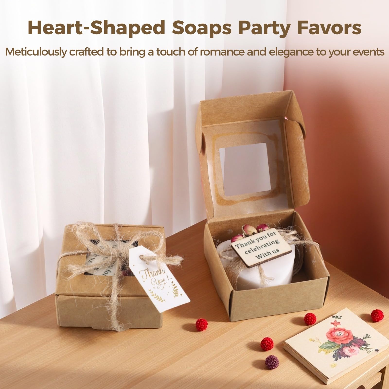 Handgefertigte herzförmige Mini-Seifen, Duftseifen für Hochzeitsgeschenke, Brautpartys, Teepartys, inklusive getrocknetem Rosenstrauß und Dankesanhänger, verpackt in brauner Kraftbox mit Bindfaden, 12