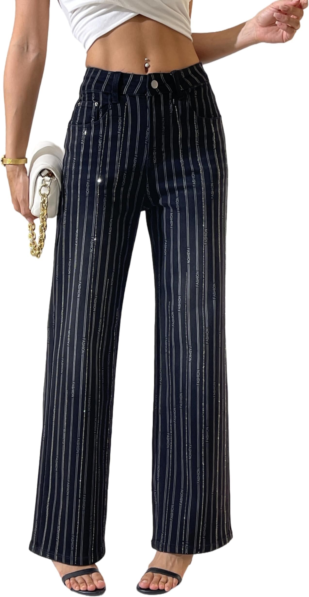 Women's Stripes Rhinestone Jeans High Waist Wide Leg Denim Pants Sparkle Shiny Sequin Trouser