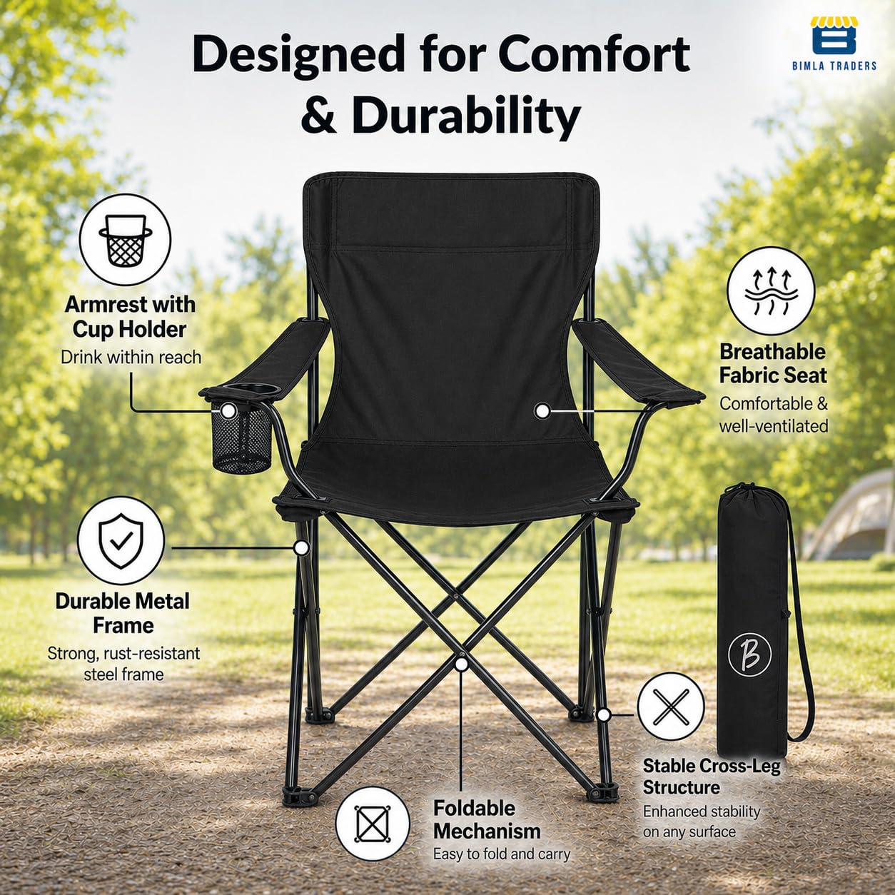 BTAG Foldable Camping Chair with Armrest & Cup Holder, Portable Outdoor Chair with Carry Bag for Camping, Picnic, Fishing & Travel β Black 1
