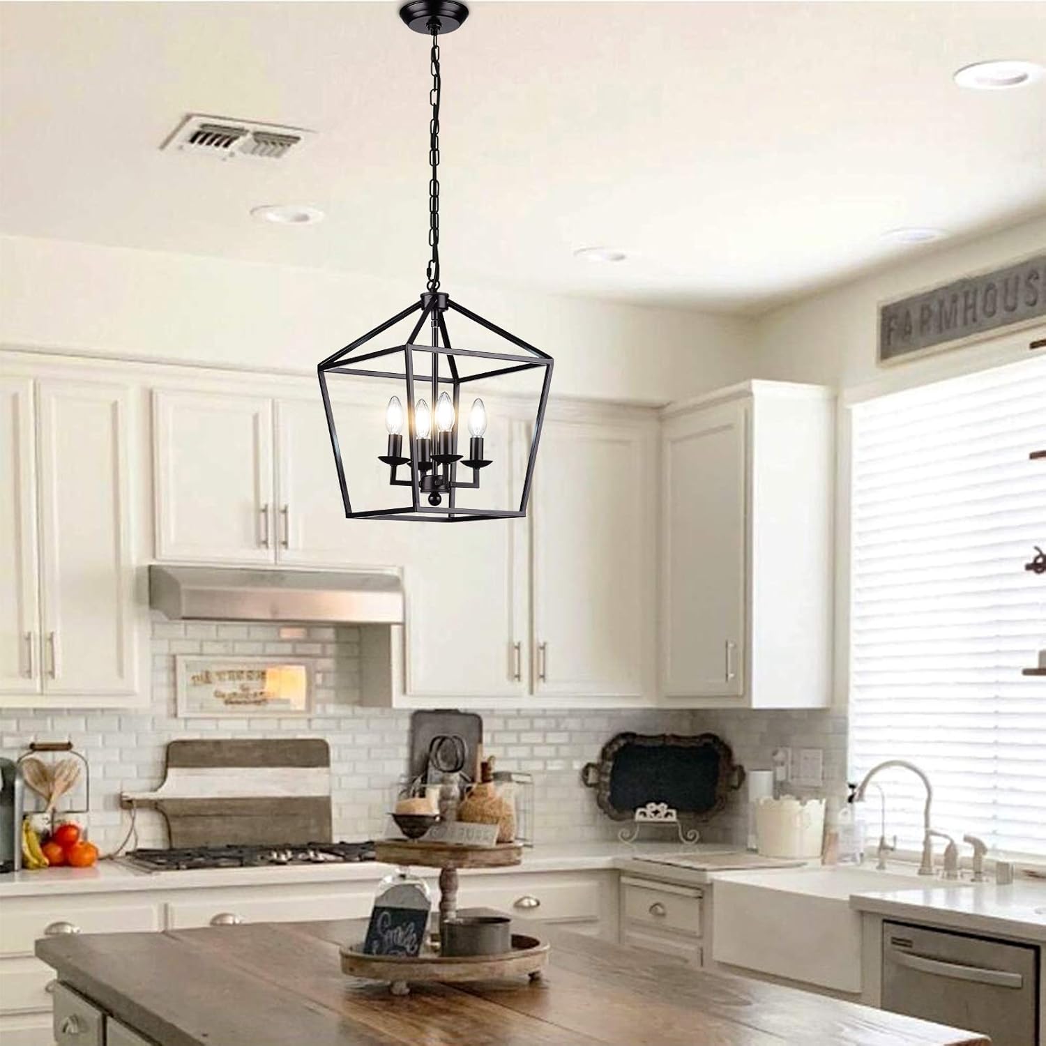 Crаzу Clеаrаnсе HUESLITE Farmhouse Chandelier, Vintage Foyer Lantern, 4 Light Pendant Light for Kitchen Island (Black)