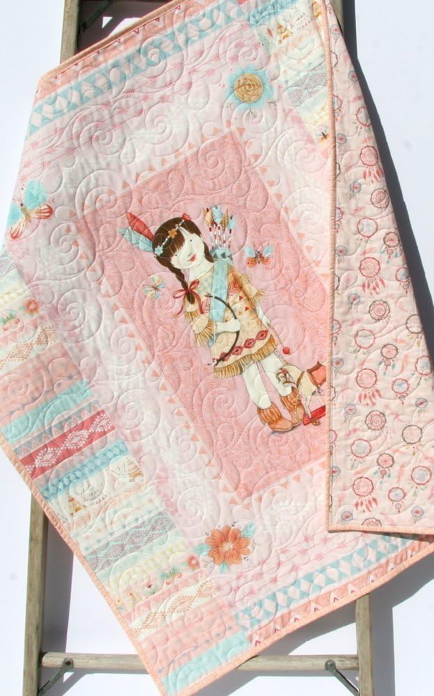 Baby Quilt, Dream Catchers, Reversible, Girl Bedding, Nursery Decor, Pink Coral Blue, Indian Girl Feathers Arrows Tribal Aztec, Baby Bedding