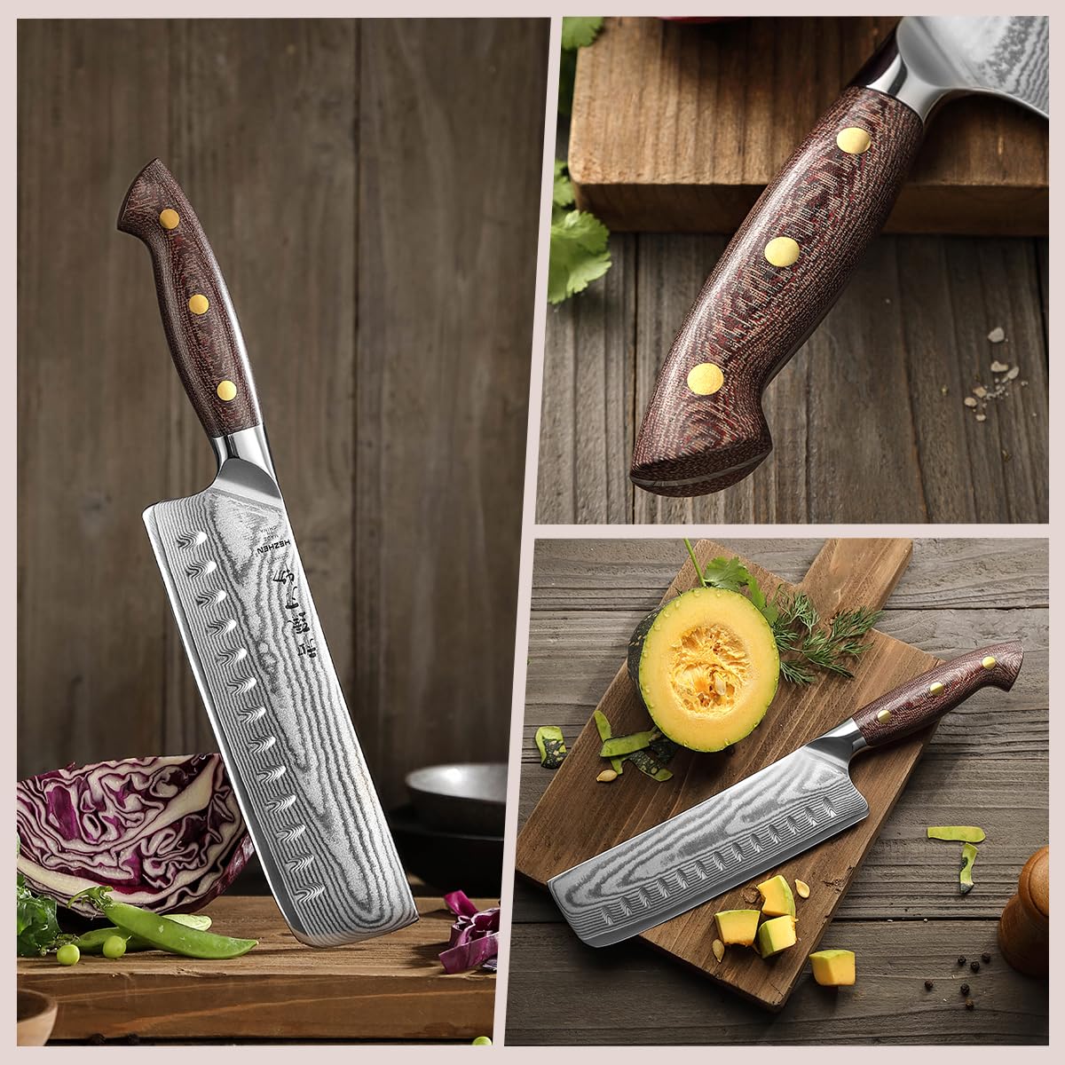 HEZHEN Damasco Cuchillo Nakiri, Estilo Japonés Cuchillos de Cocinero, Multiusos Cuchillo Chef Asiático Para Rebanar Carne Cortar Verduras, Mango de Micarta