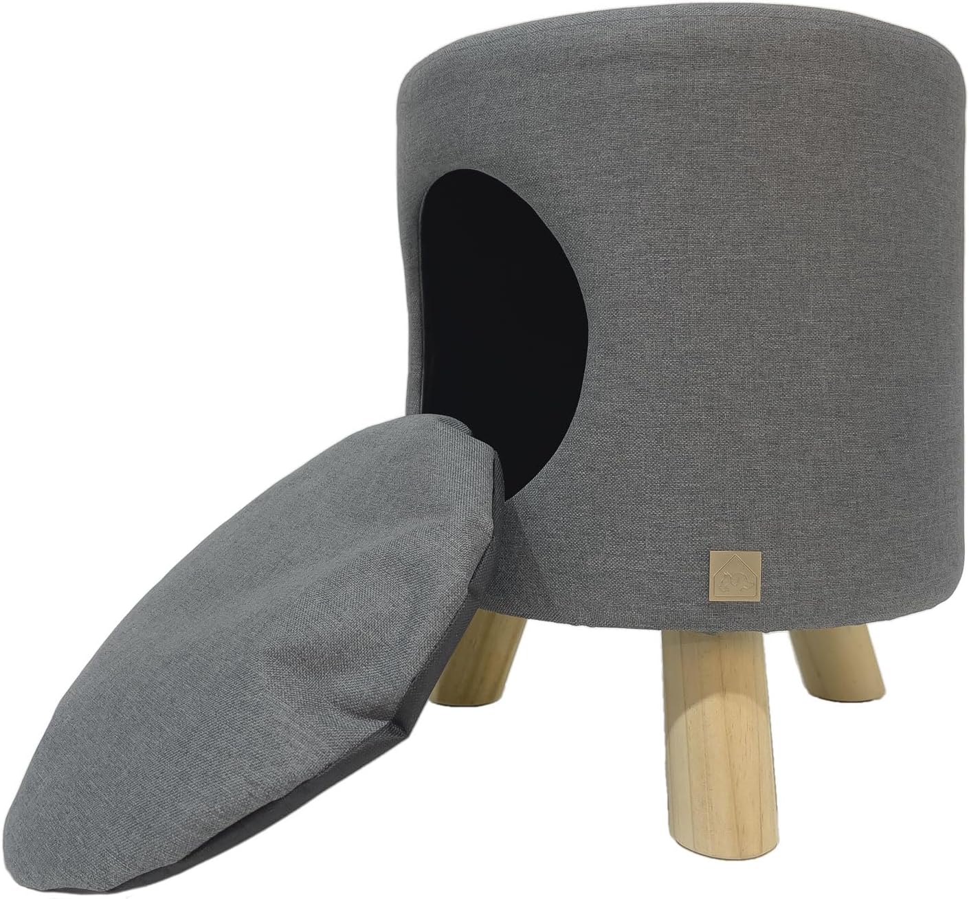 4 Cats & Dogs Wallie Stool - Plush Polyester Pet Stool with Wooden Legs, Cozy Hideaway for Cats & Small Dogs, Multipurpose Footstool & Seat, Modern Minimalist Design for Home & Office - Dark Grey