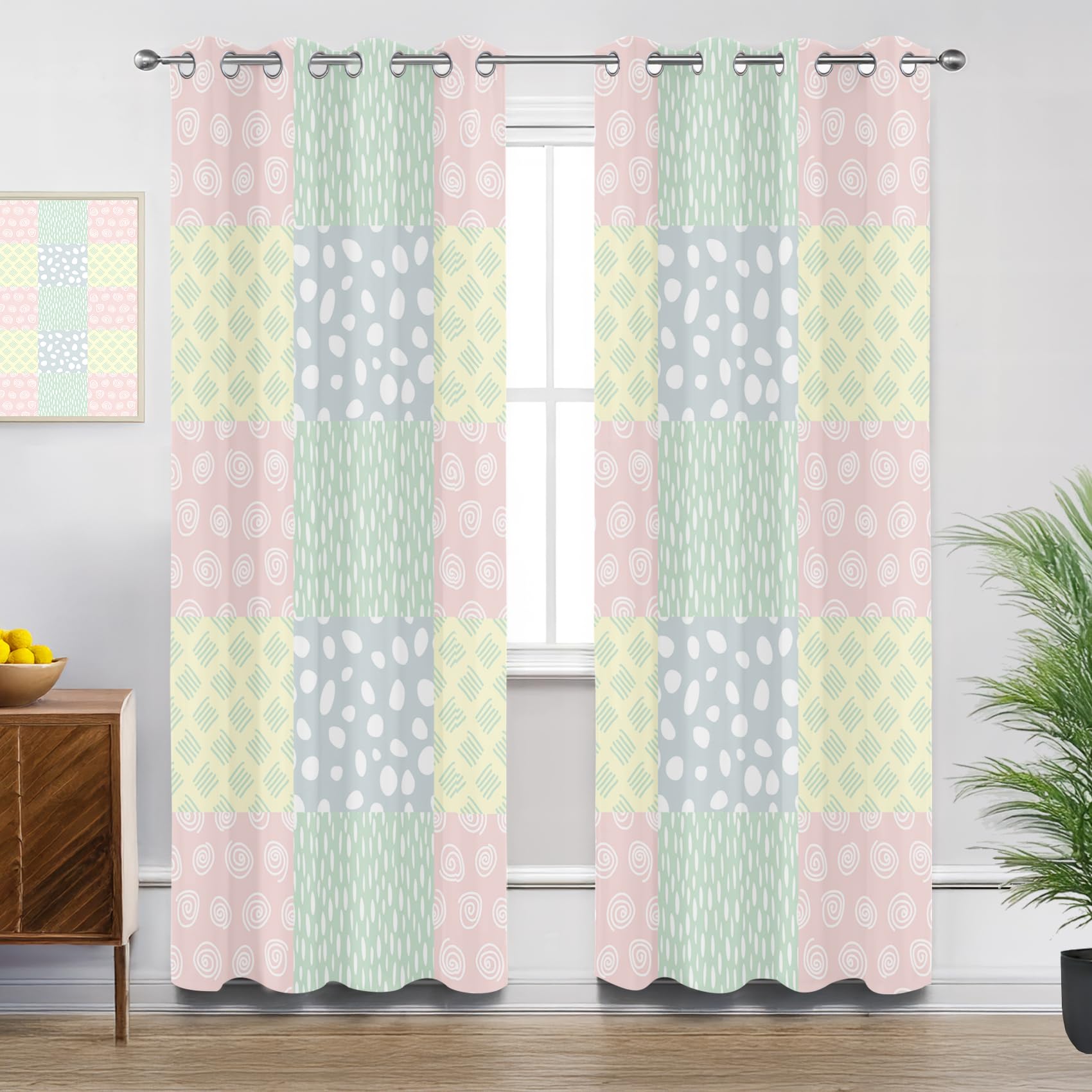 Patchwork Curtains for Living Room, Modern Pastel Color Minimalist Girls Blackout Curtains Thermal Insulated Bedroom Curtain Eyelet, W54 X D90, 2 Panels Drapes House Decorations