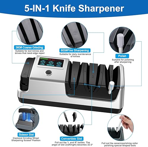 Miniatura 3 de Afilador de cuchillos eléctrico 5 en 1, profesional de 3 etapas con pantalla LCD, 100% abrasivos de diamante, 3 velocidades de rotación ajustables,