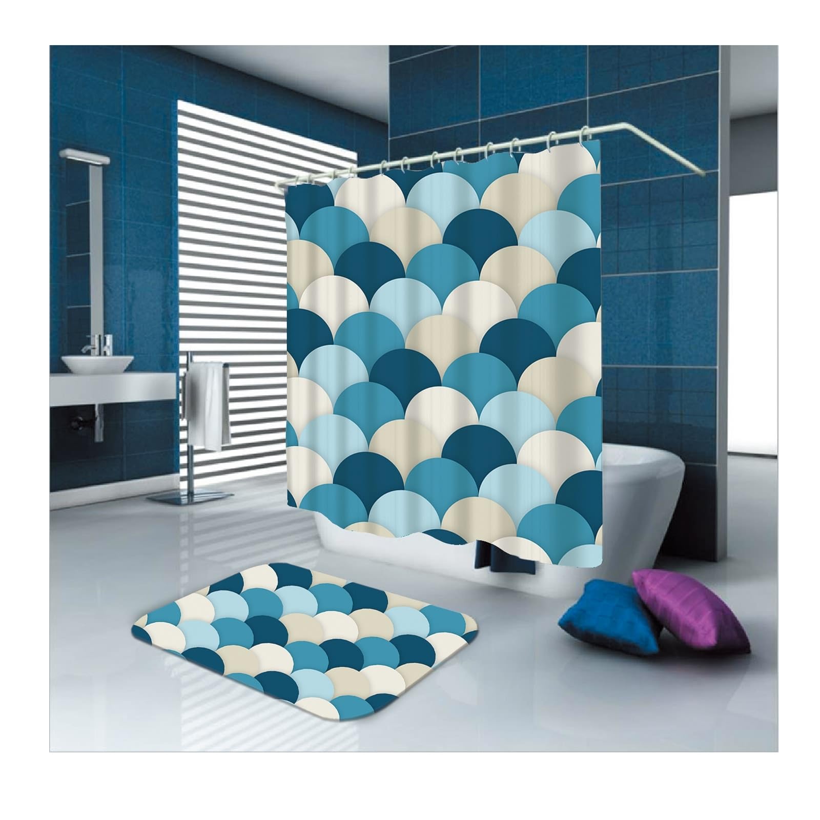 Rideau de douche en tissu de haute qualité blanc beige et bleu