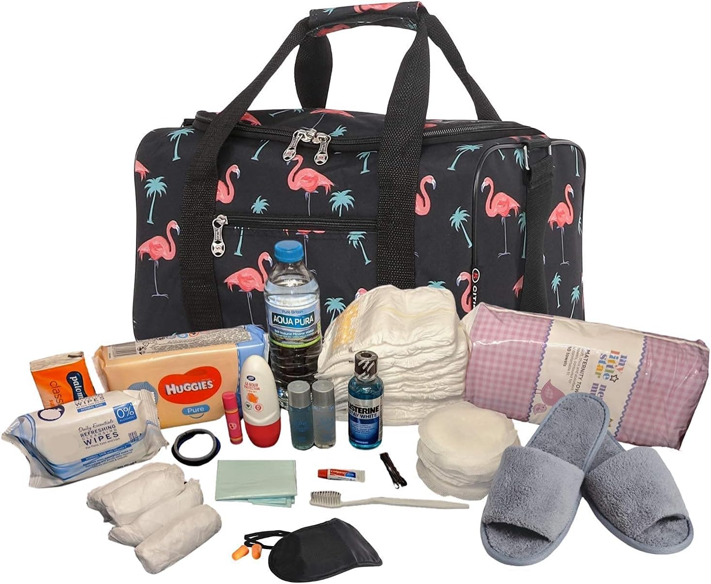 Pre Packed Hospital Deluxe Birth Bag Maternity Flamingo Bag Newborn Baby Mum-to-Be, Black and Pink, 40x25x20 cm (Pack of 1), Flamingo