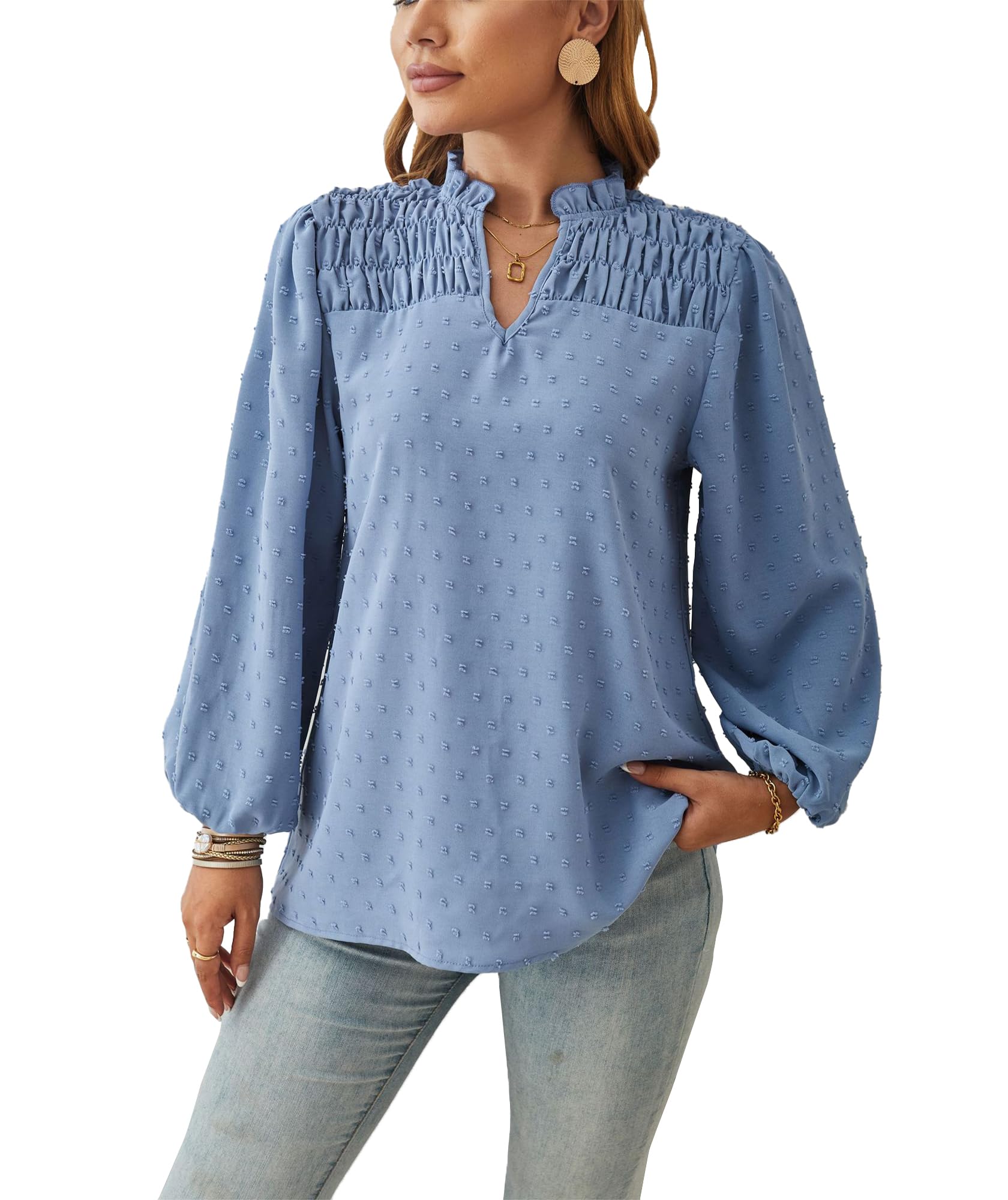 Pantete Camicette da donna autunnali a pois svizzeri con maniche lunghe a sbuffo con scollo a V camicie fluide per lavoro alla moda femminile