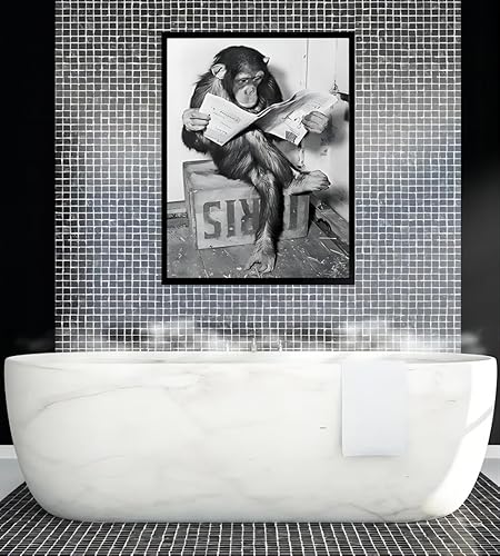 Miniatura 7 de BZQOPFDA Póster divertido de periódico de lectura de chimpancé, arte de pared en blanco y negro, imágenes de animales lindos, impresión en lienzo HD