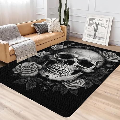 Miniatura 4 de Alfombra de Halloween aterradora con diseño de calavera, color negro, diseño de calavera y rosa, alfombra de pasillo de Halloween, entrada al aire
