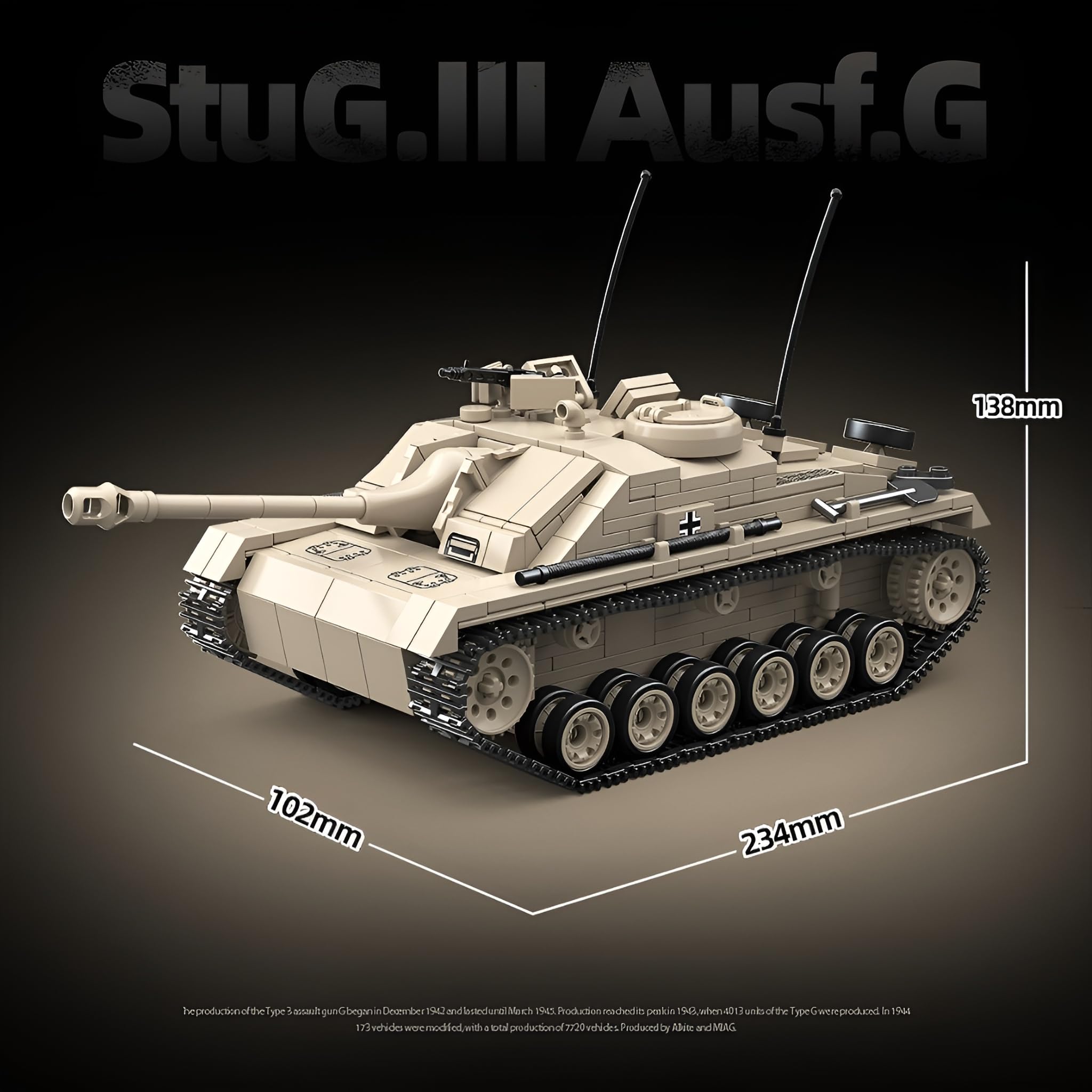 Technik Panzer Bausteine, StuG.III AUSF.G Panzer Klemmbausteine, WW2 Militär Gepanzertes Fahrzeug Bausatz Modell Spielzeug, Geschenke für Erwachsene und Militärfans, 940 Teile