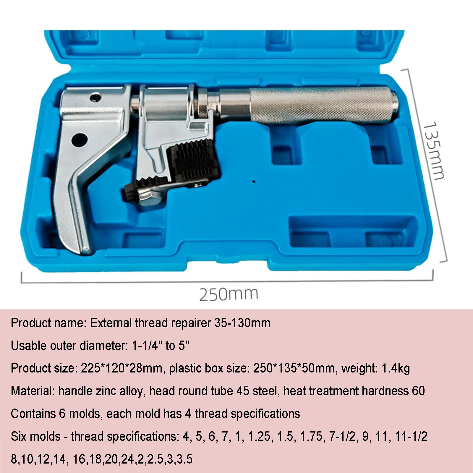 Zestaw do naprawy gwintów zewnętrznych, obcinacz do gwintów zewnętrznych, regulowana szczęka, zakres pomiarowy 35-130 mm, z 6 formami poddanymi obróbce cieplnej do precyzyjnej naprawy gwintów