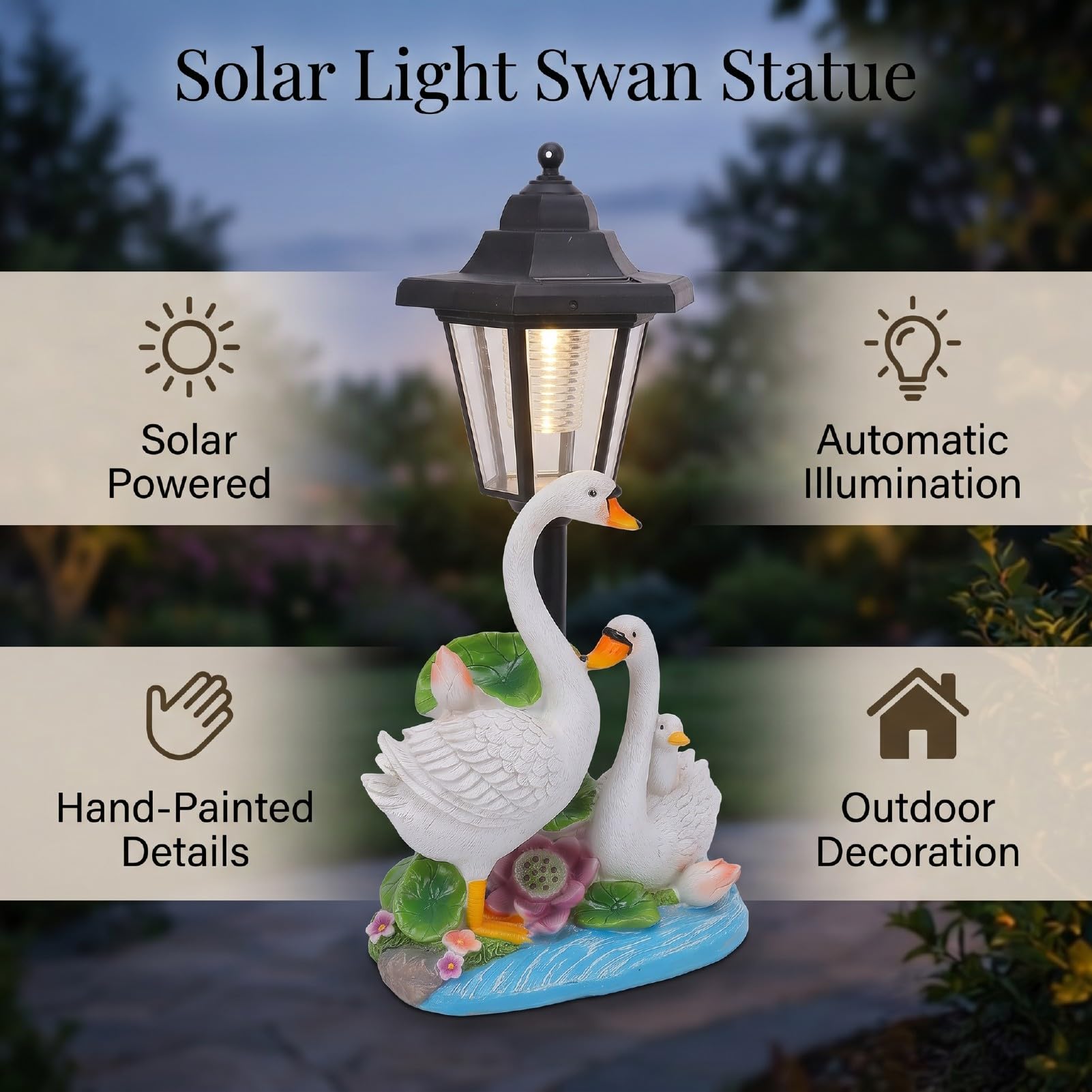 Affascinante Statua Solare da Giardino a Forma di Cigno per la