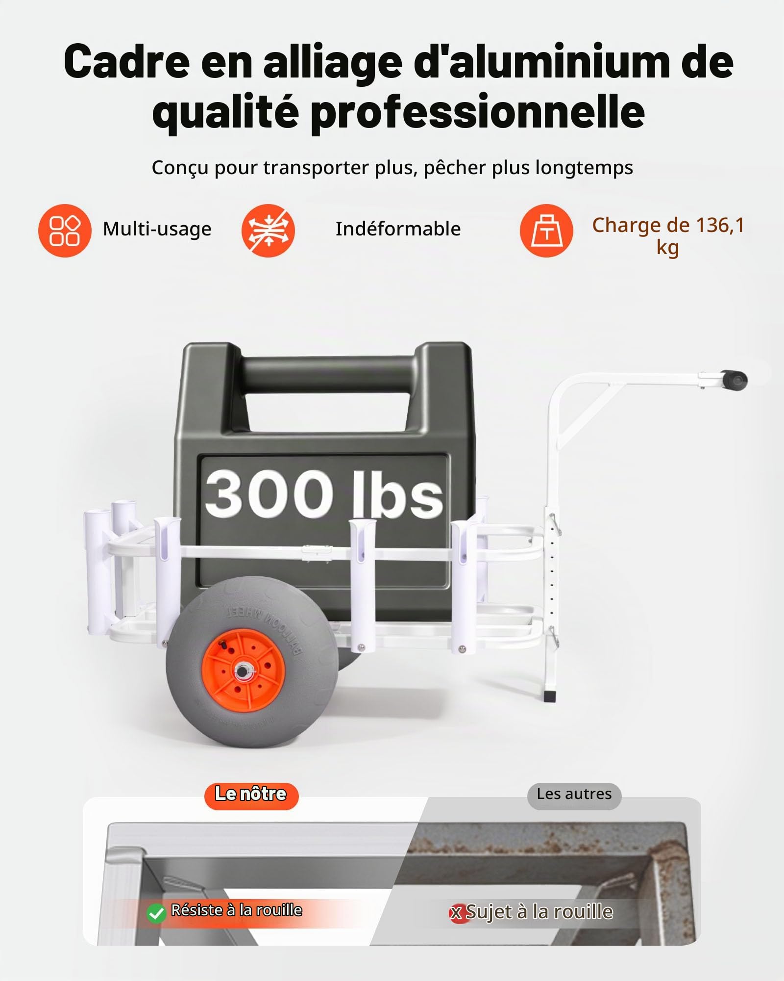 VEVOR Chariot de Pêche, Capacité de Charge 136 kg, Chariot de Transport Matériel de Pêche pour Plage Camping, Pneus Gonflables Tout-Terrain en PU 330 mm, Cadre en Alliage d'Aluminium, 8 Porte-Cannes