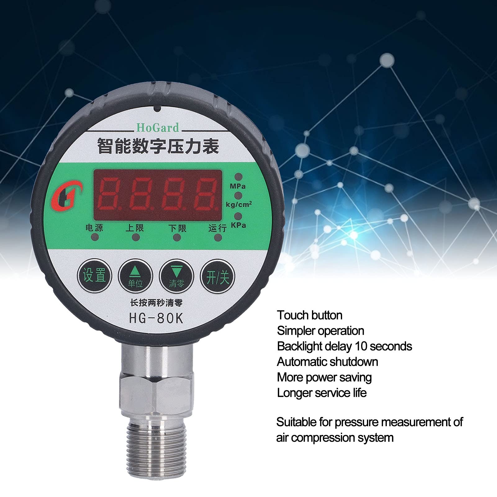 Manómetro digital de presión hidráulica HG-80K, manómetro de presiones de precisión 1.0 con pantalla LCD, acero inoxidable 304
