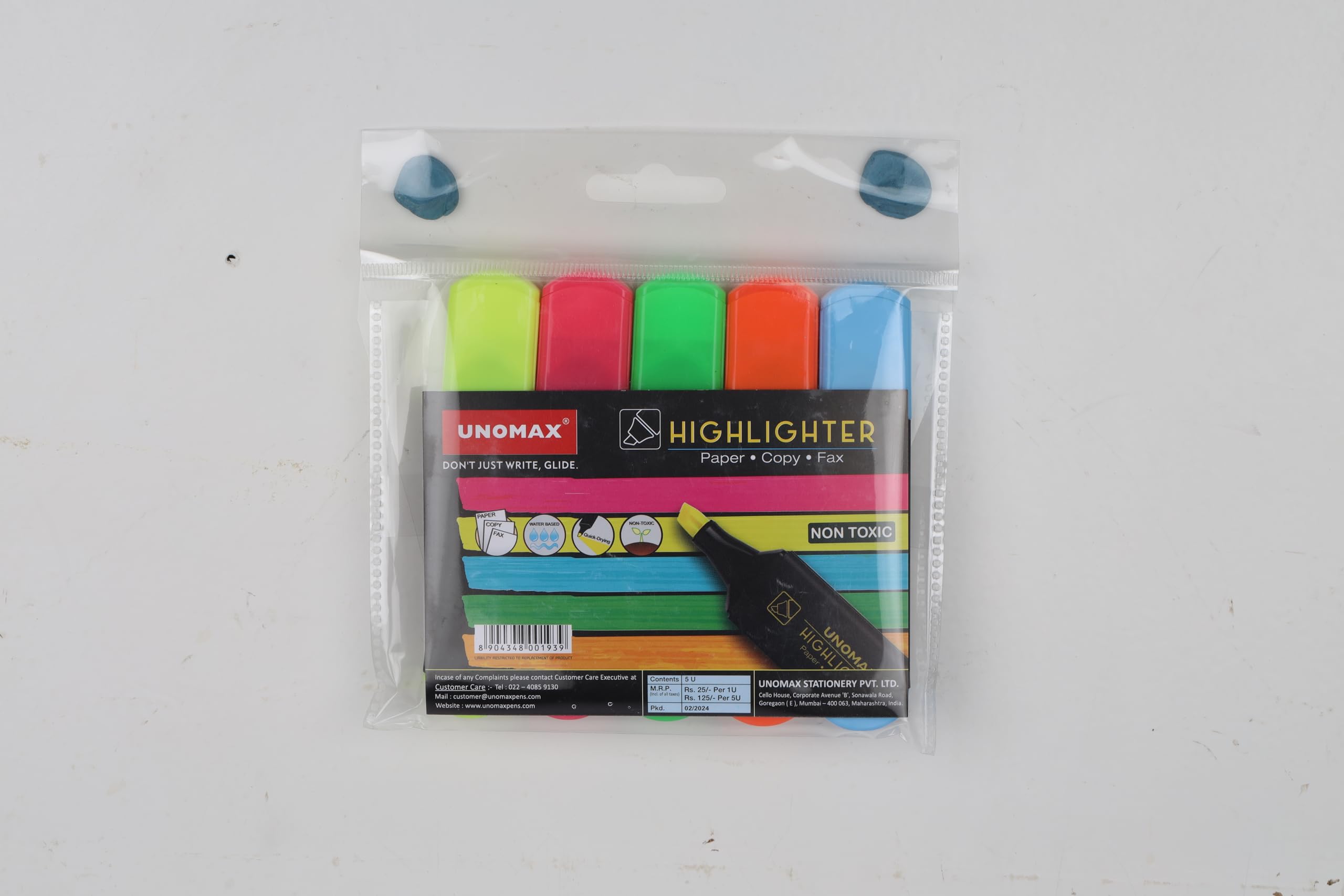 Unomax Highlighter Pouch Pack Set of 5 (Assorted) | Flexible Line Width | Quick Drying & Smudge | Non-Toxic Ink, Safe For Childrens | 5 Smoothing Colors