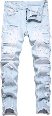 Boys Skinny Fit Ripped Destroyed Distressed Stacked Fashion Denim Jeans Pants,260-1,12