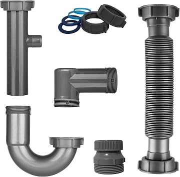 Universal 1-1/4" & 1-1/2" P Trap Drain Kit, Flexible PP U-Bend Plumbing Pipe for Bathroom Sink & Kitchen, Heat Resistant Drain Replacement with Extension Tube & Adapter